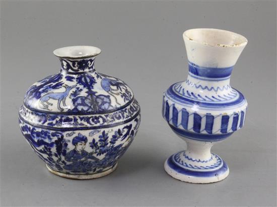 A Safavid underglaze blue and black pottery jar, 17th century, and a tin-glaze pottery vase, height 12.5cm